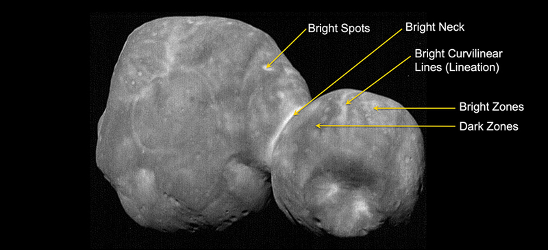 Odd bright spots and dark zones on Ultima Thule.